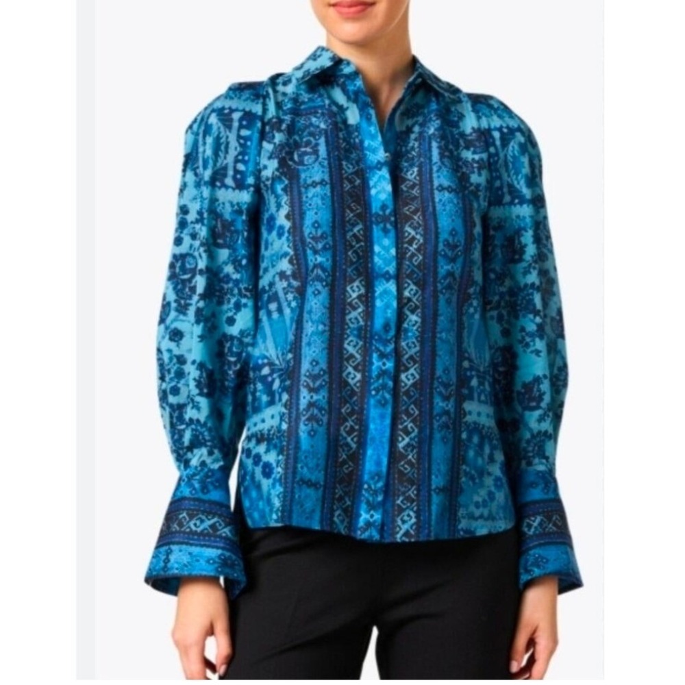 Kobi Halperin Lulu Print Blouse Blue Paisley Silk Blend Puff Sleeve Women's XL